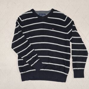 Tommy Hilfiger V-Neck Pullover Sweater Jumper Mens MEDIUM Stripe Casual Preppy